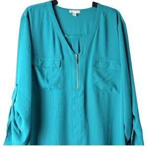 Cato Tunic Blouse Women 26/28W Teal Roll Tab Sleeve Zip V-Neck Pocket Plus Size